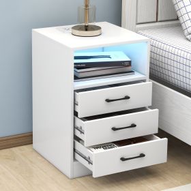 Nightstand with 3 Drawers and Cabinet; USB Charging Ports;  Wireless Charging and Remote Control LED Light (Color: White)